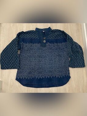 Vintage Mekong River Textiles Indigo Ikat Handwoven Tunic Top French Coin Button